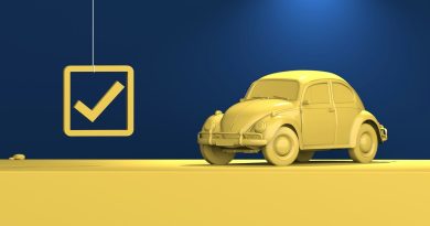 a yellow car parked in front of a blue wall